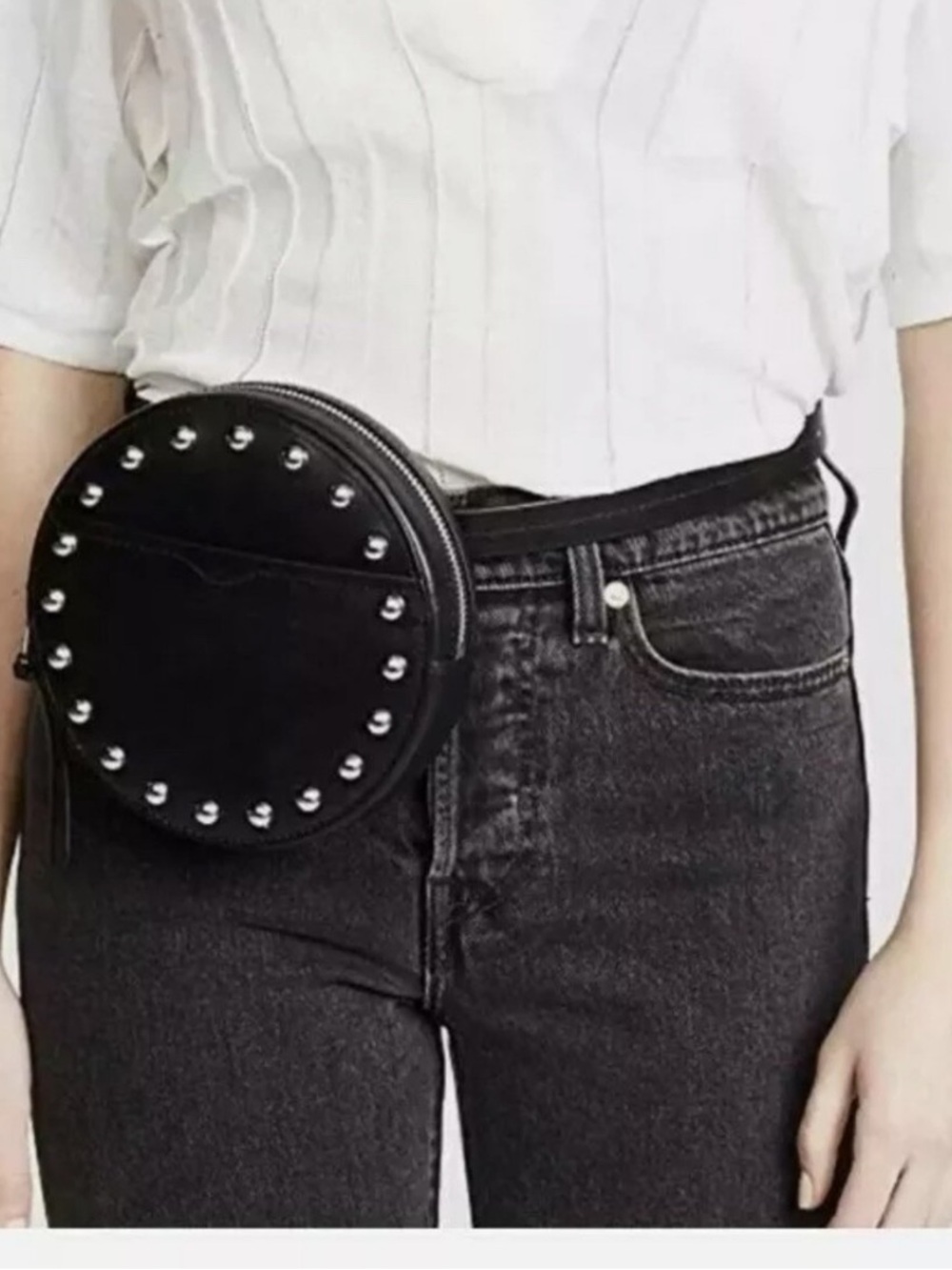 Rebecca Minkoff Loki Black Leather Round Studded Belt Bag